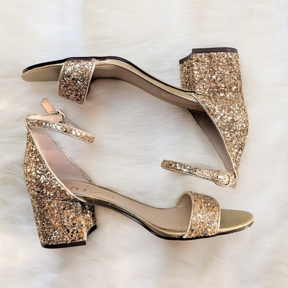 gold sequin block heels